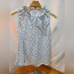 MELLODAY Blue Floral Sleeveless Blouse With Ruffle Neck And Tie